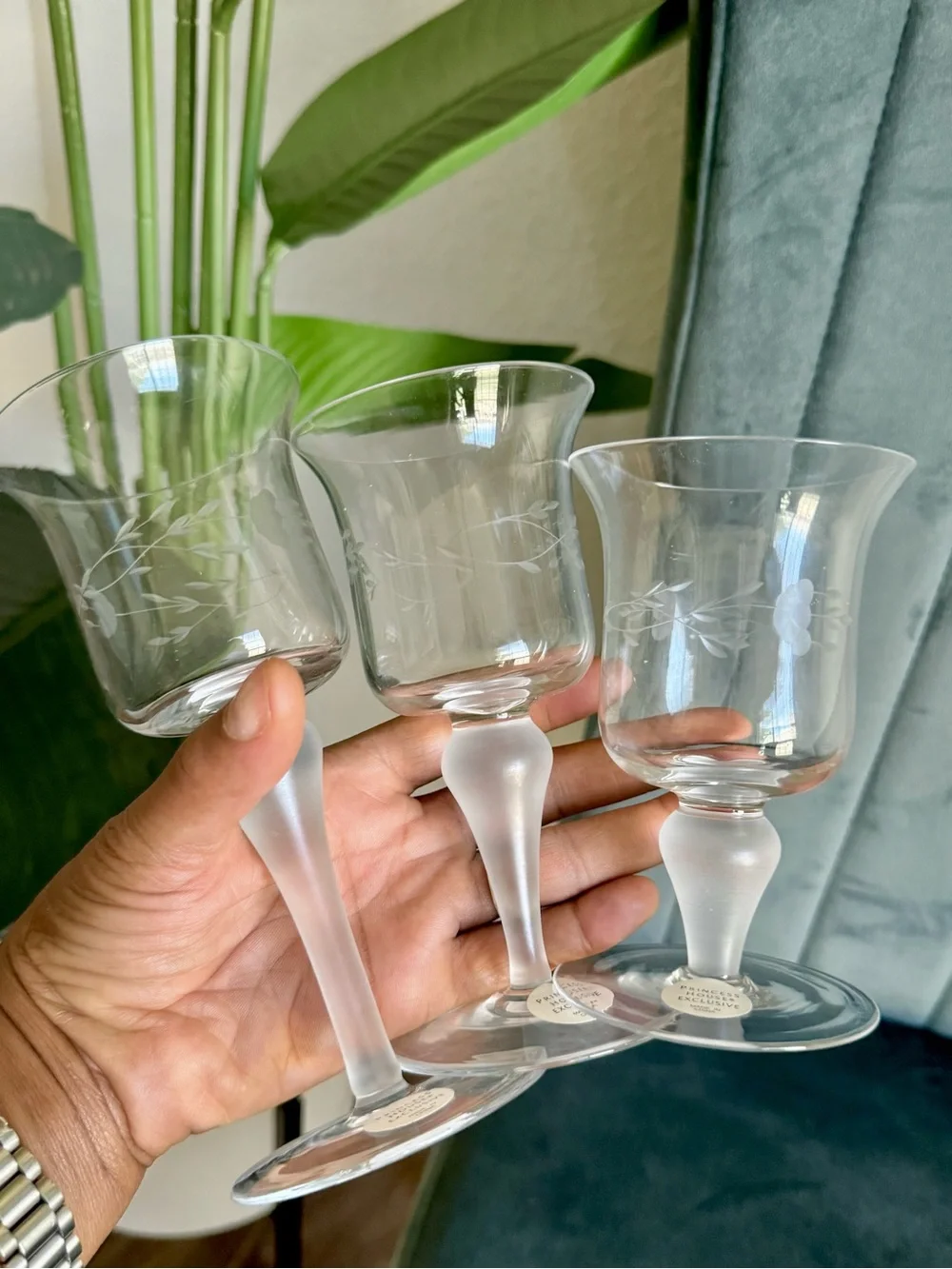 Princess House Clear Etched Crystal Wine Glasses with Frosted Stems